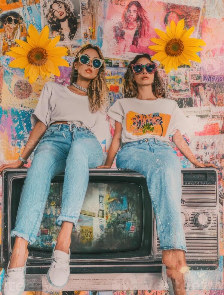 Two women sitting on an old television with sunflowers photo