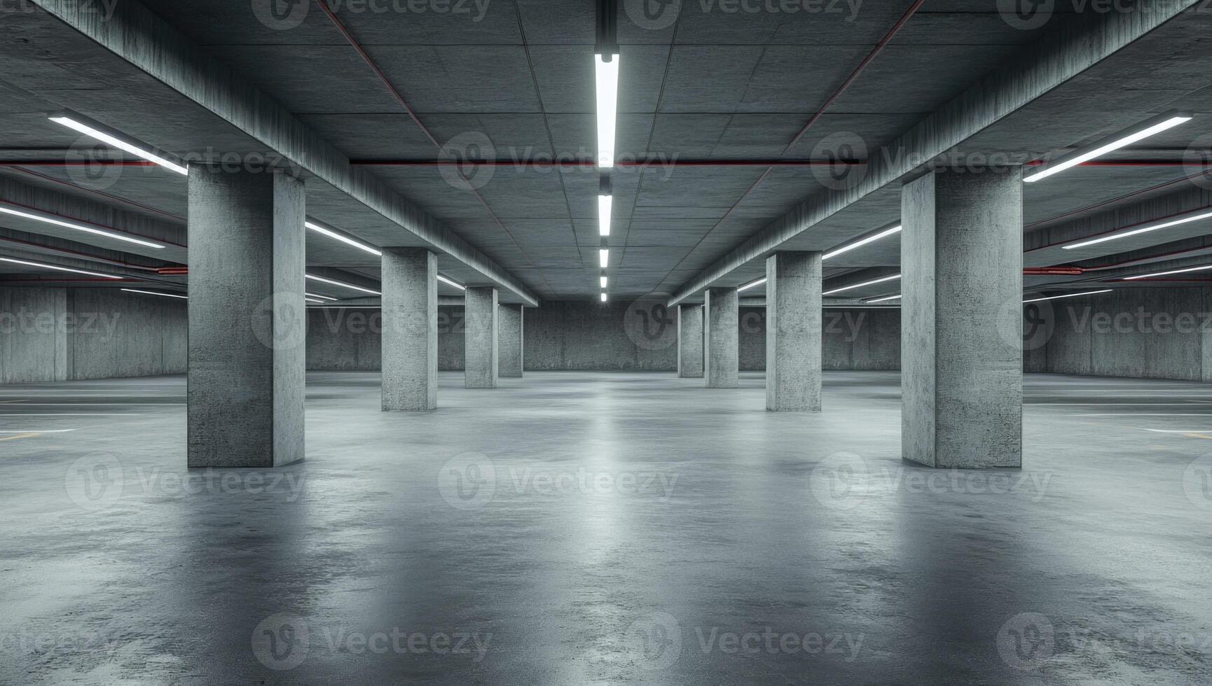 Empty concrete parking garage with concrete floors and pillars photo