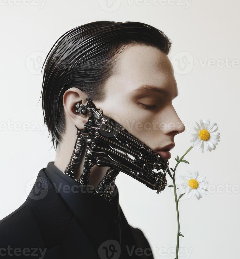 A man with a robot head and a flower in his mouth photo