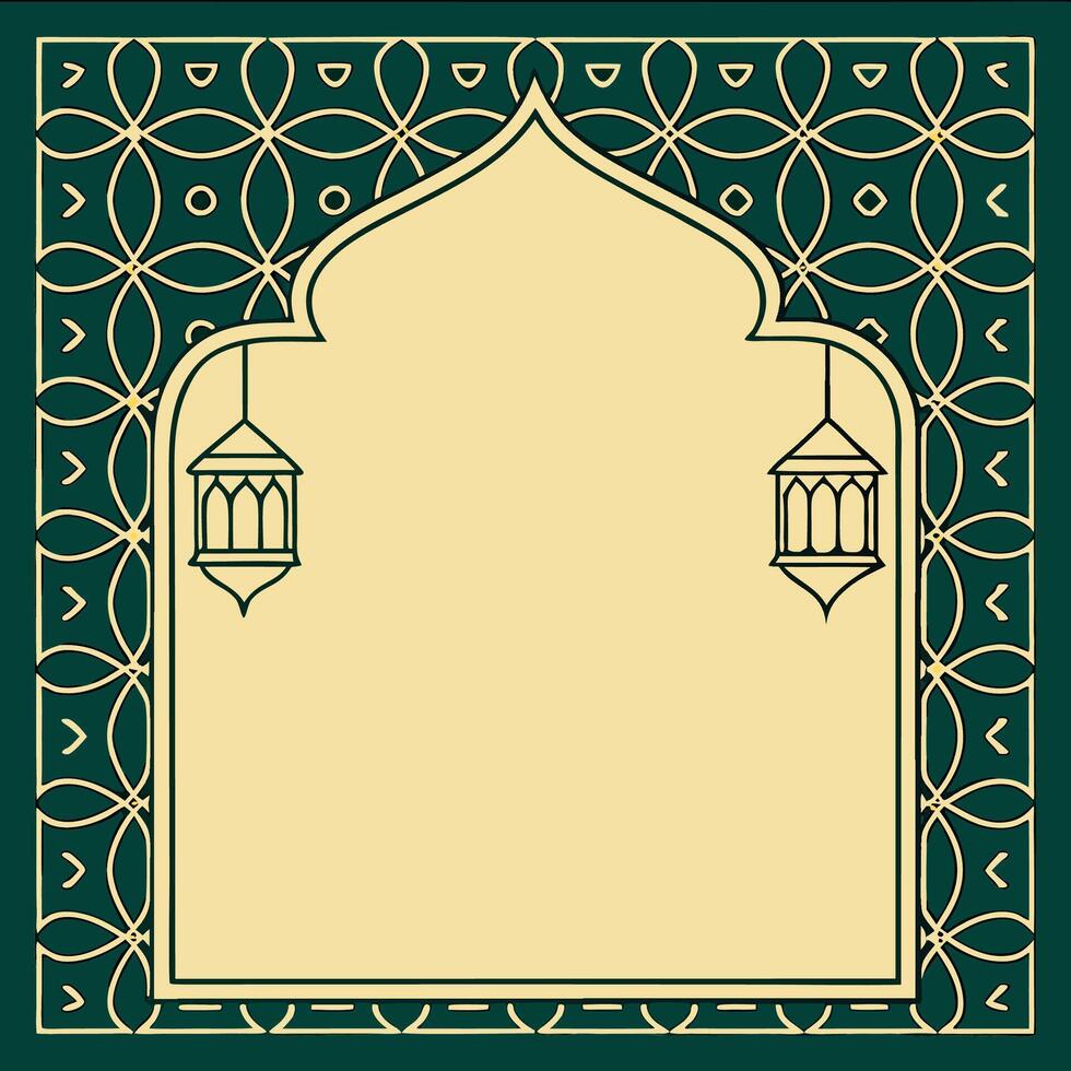 Islamic-style arch frame with hanging lanterns and geometric pattern background. vector