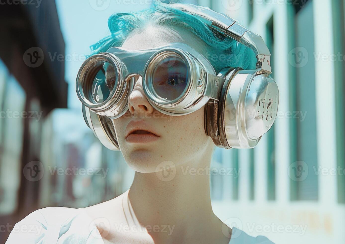 A woman with blue hair wearing headphones photo