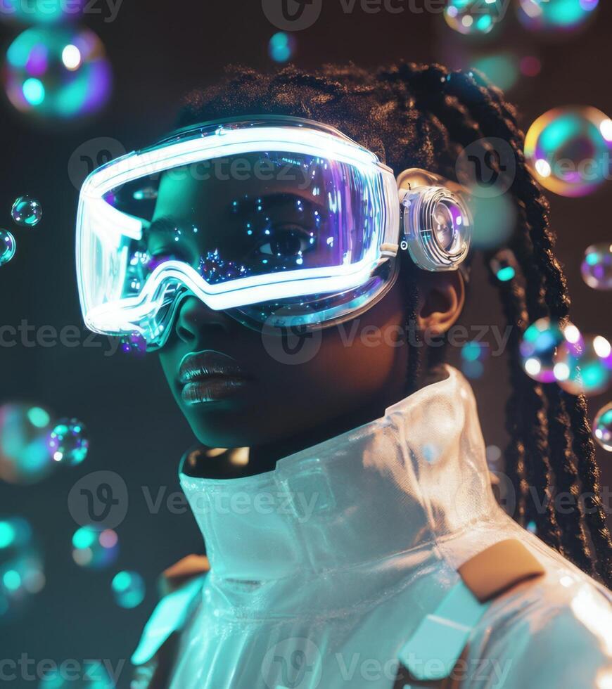 A woman wearing goggles and a white jacket photo