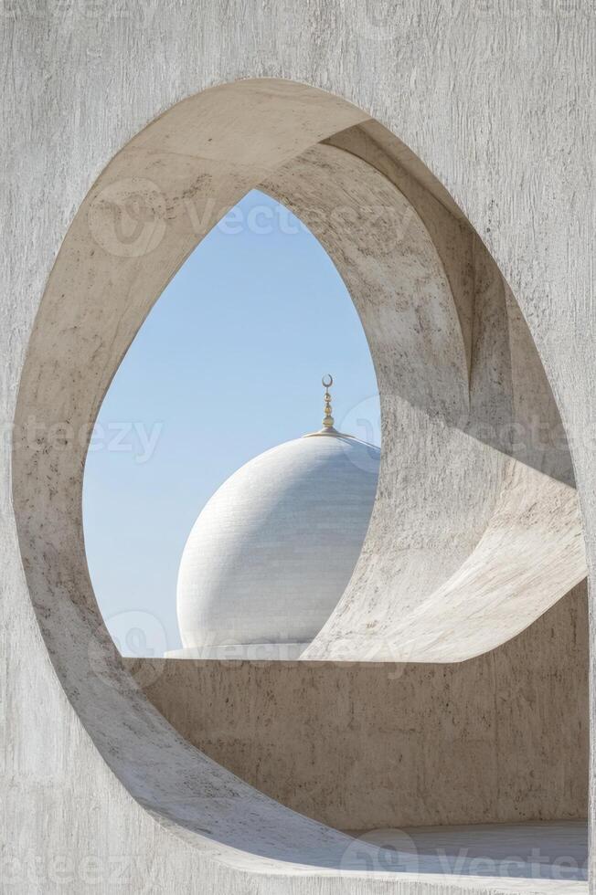 A circular window in a concrete building with a dome photo