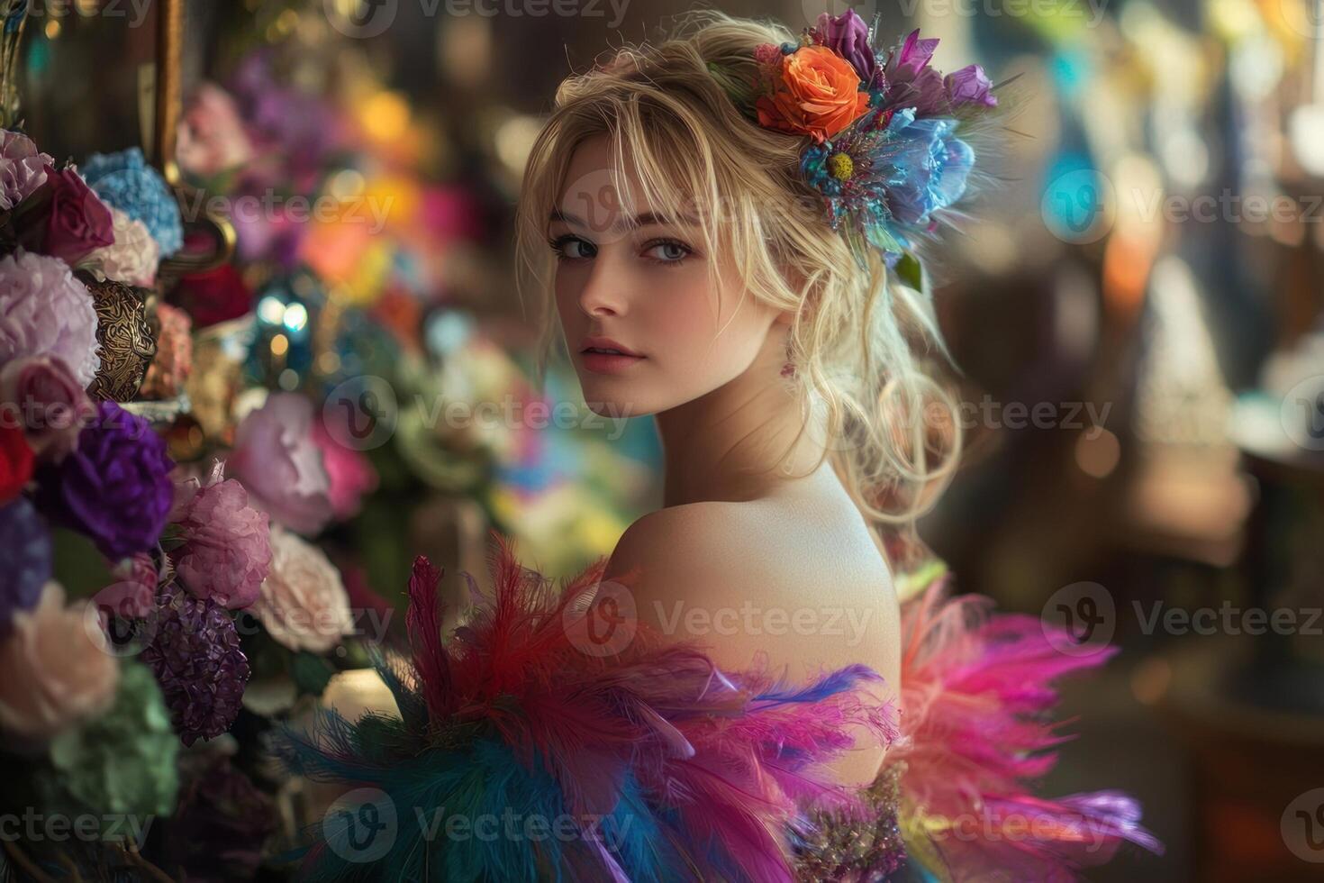 A beautiful blonde woman with colorful feathers and flowers photo