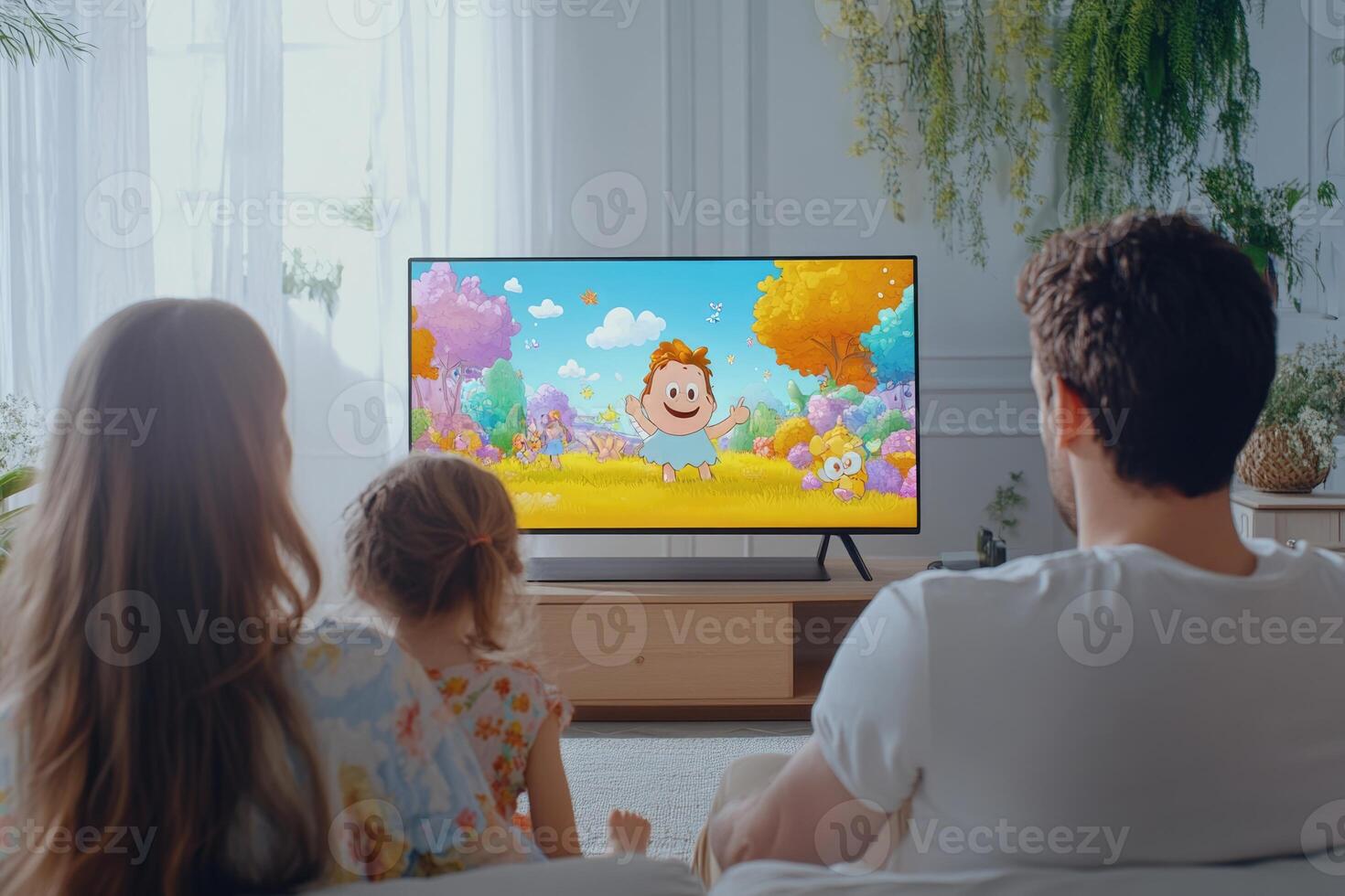 A family watching a cartoon on tv photo