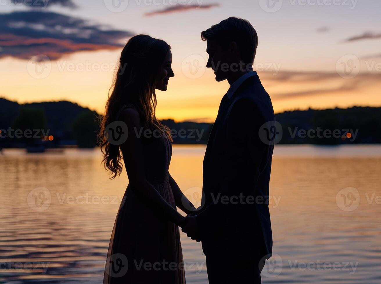 A couple standing in front of a lake at sunset photo