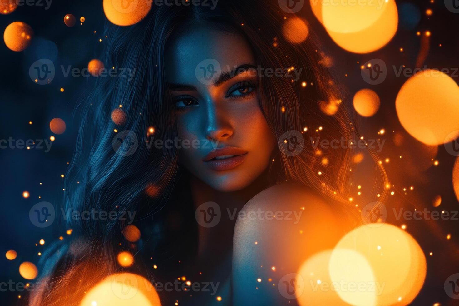 Beautiful woman with glowing lights in the background photo