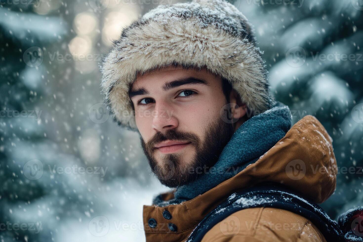 A man with a beard and hat in the snow photo
