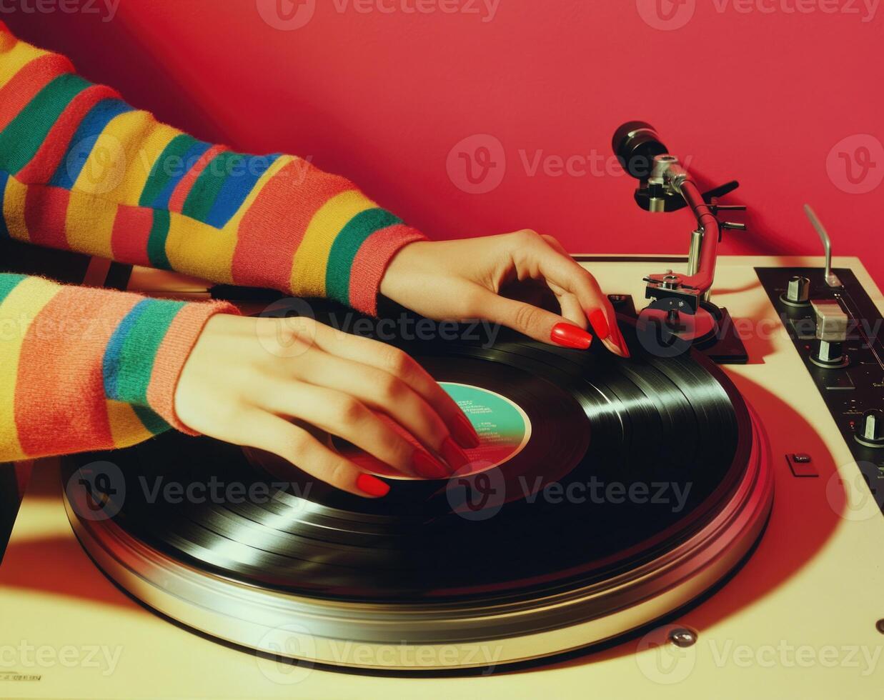 A person is playing a record on a turntable photo