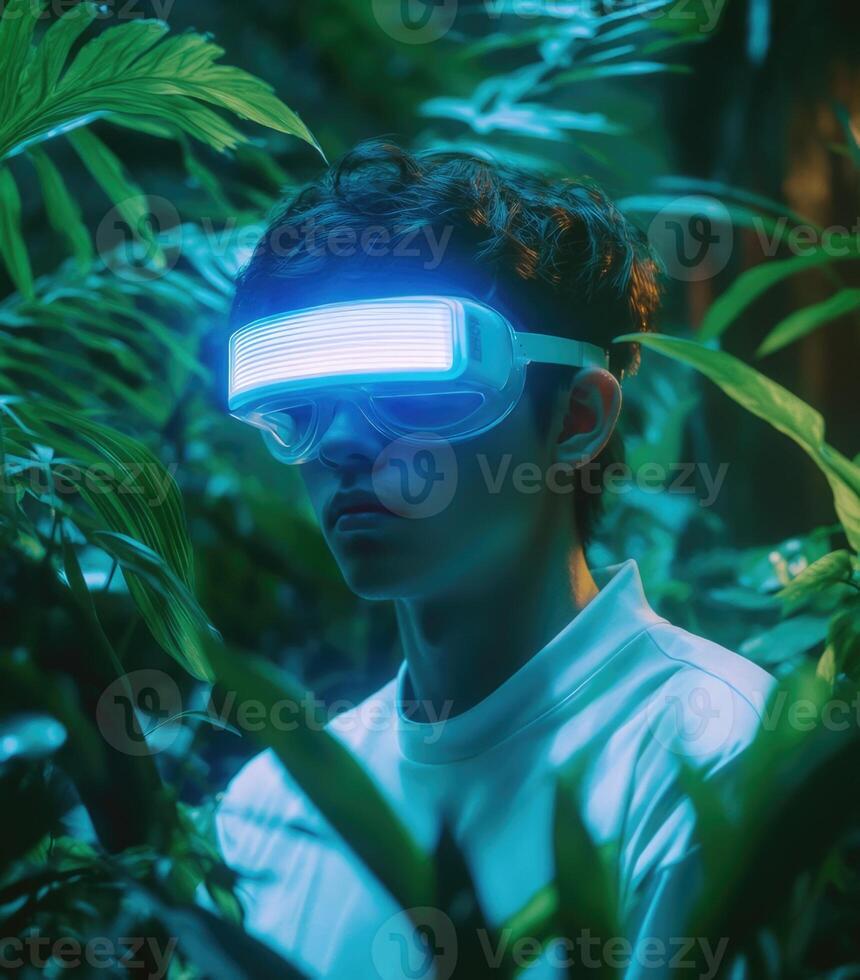 A man wearing a virtual reality headset in the jungle photo