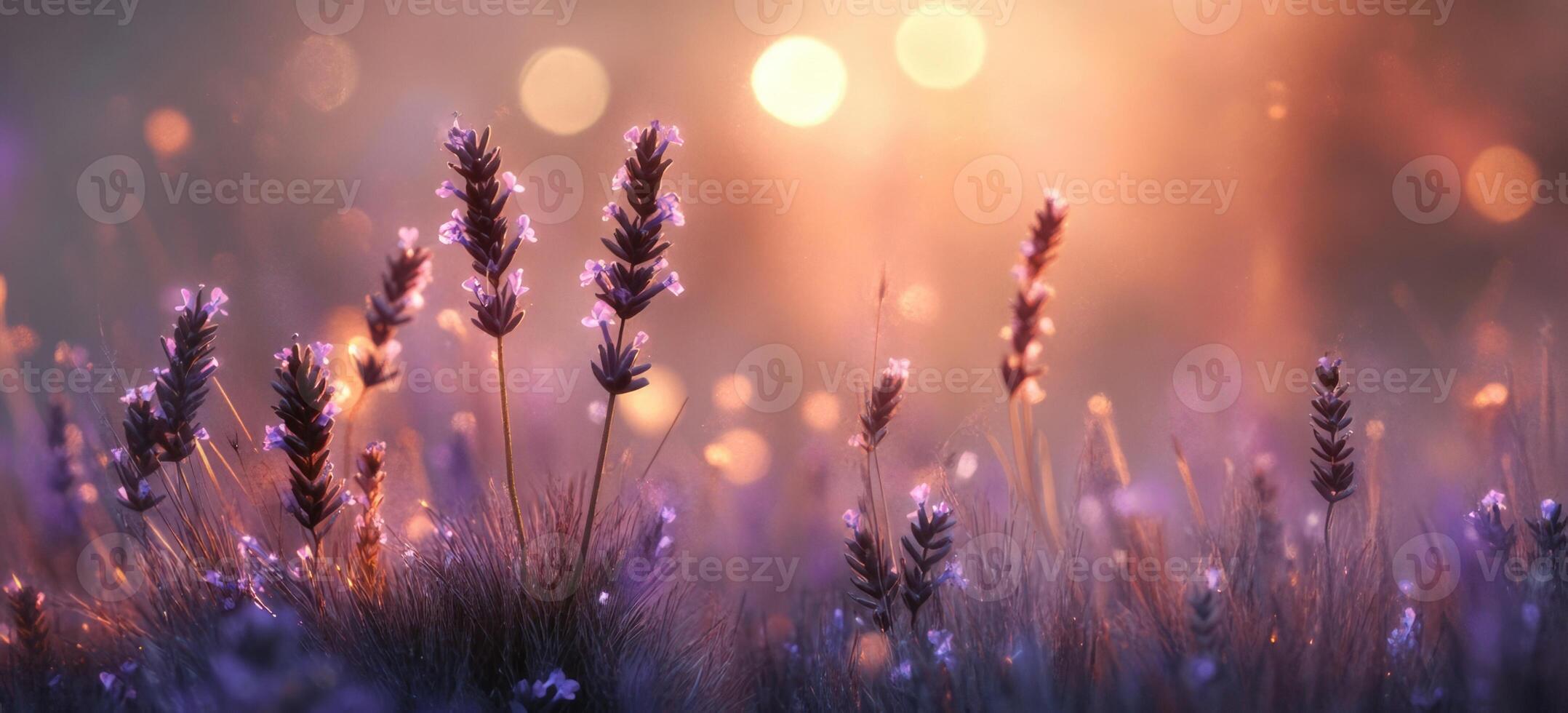 Lavender field at sunset with bokeh photo