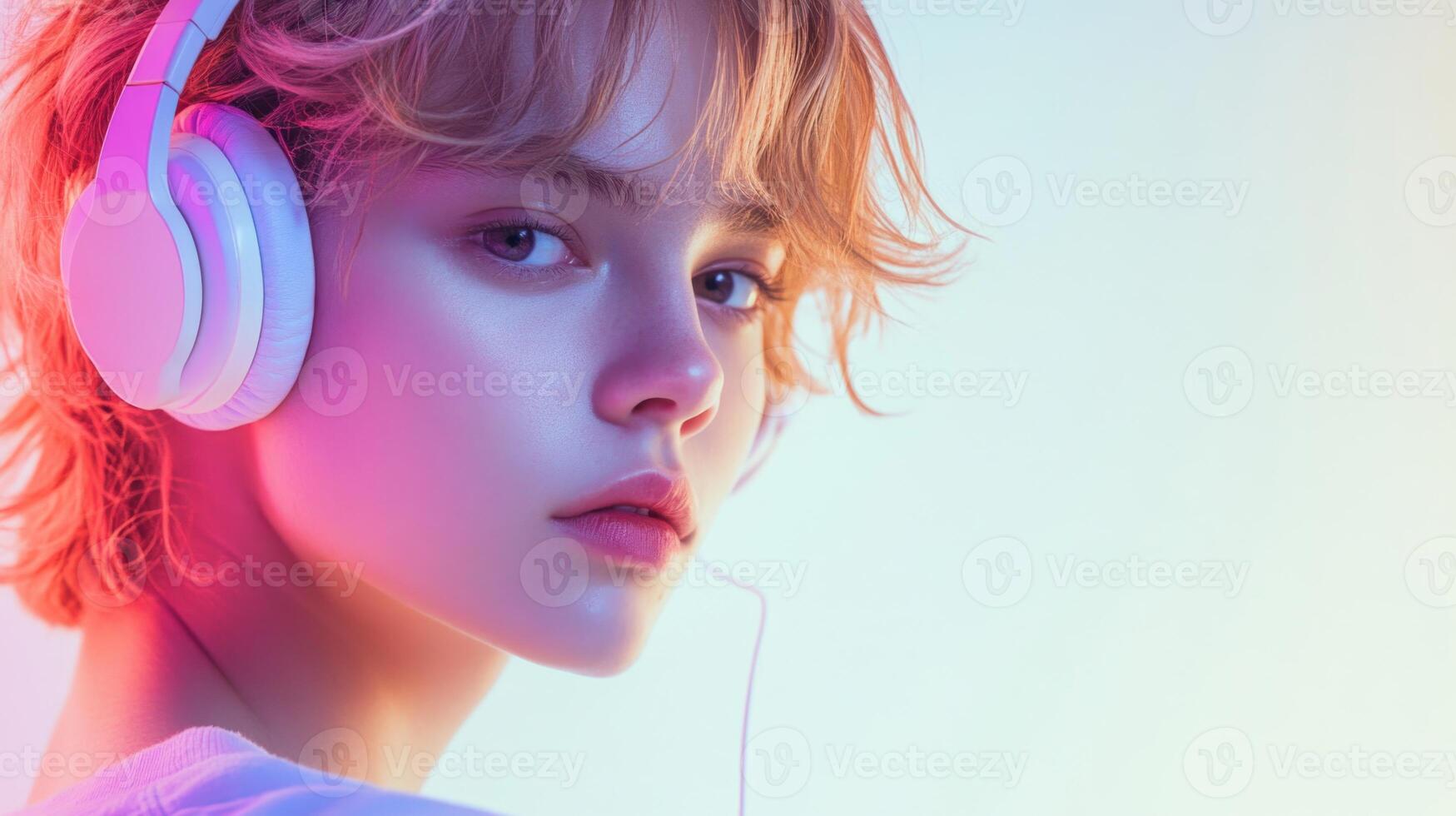 A young woman with headphones on her head photo
