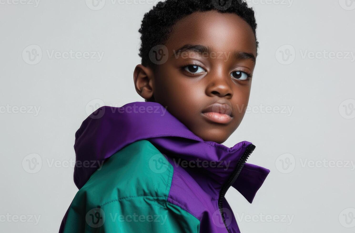 A young black boy wearing a purple and green jacket photo