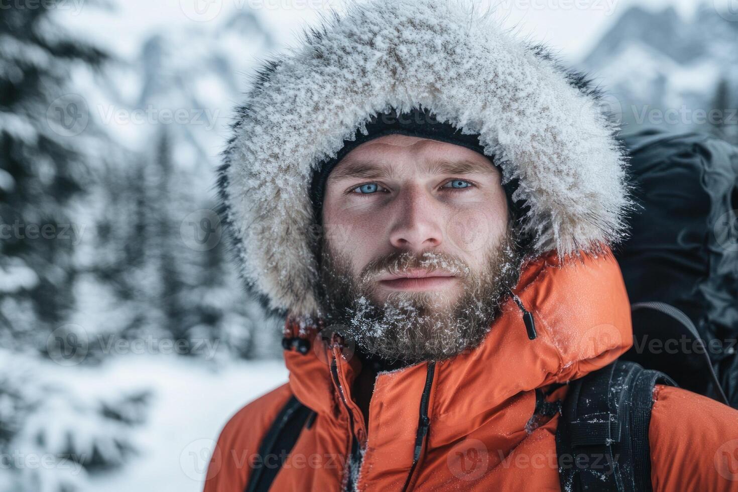 A bearded man wearing an orange jacket and a fur hat photo
