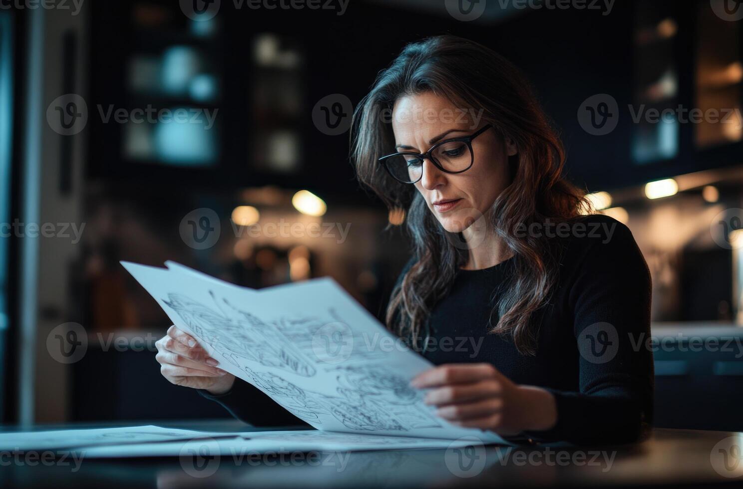 A woman in glasses is looking at a map photo