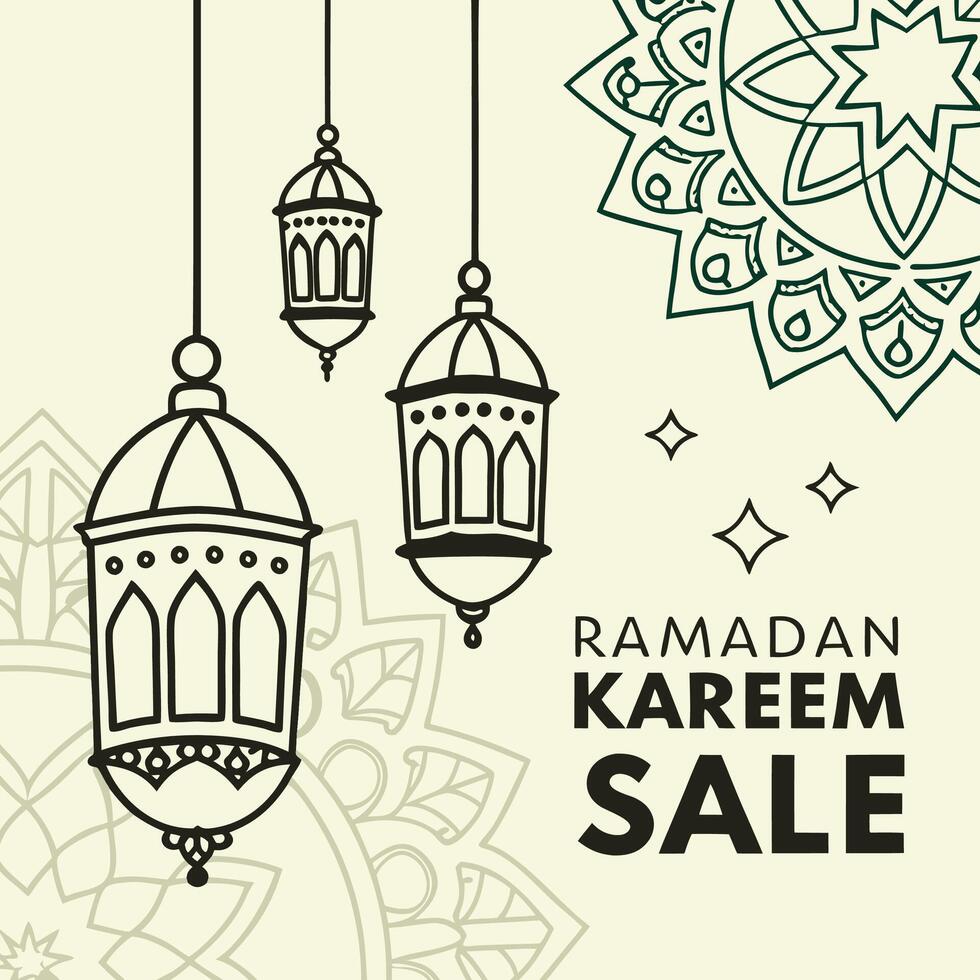 Ramadan Kareem sale banner with hanging lanterns and mandala design. vector