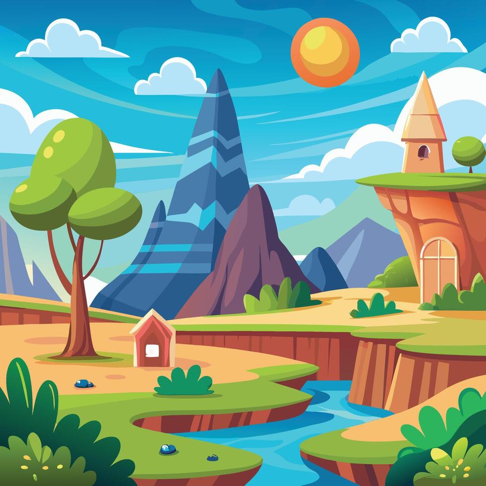 Colorful Cartoon Landscape with Mountain, River, and Floating House vector