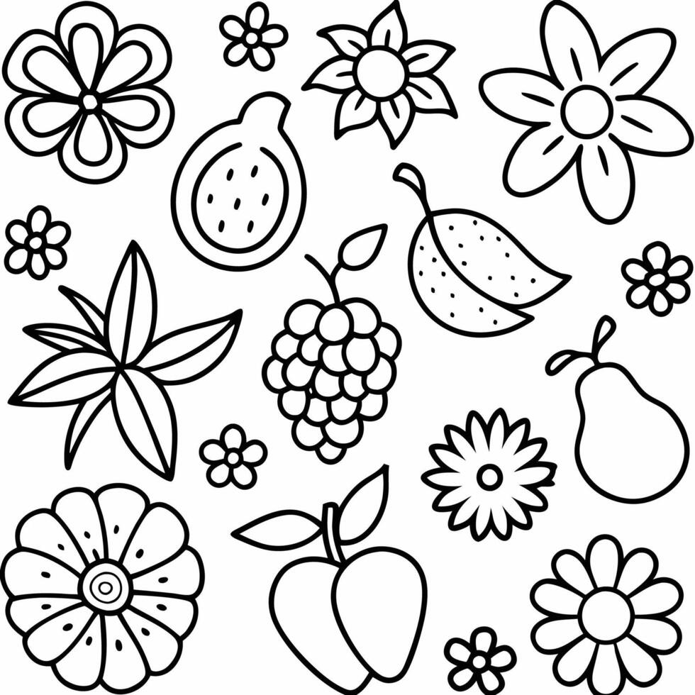 Black and white coloring page with flowers and fruits vector