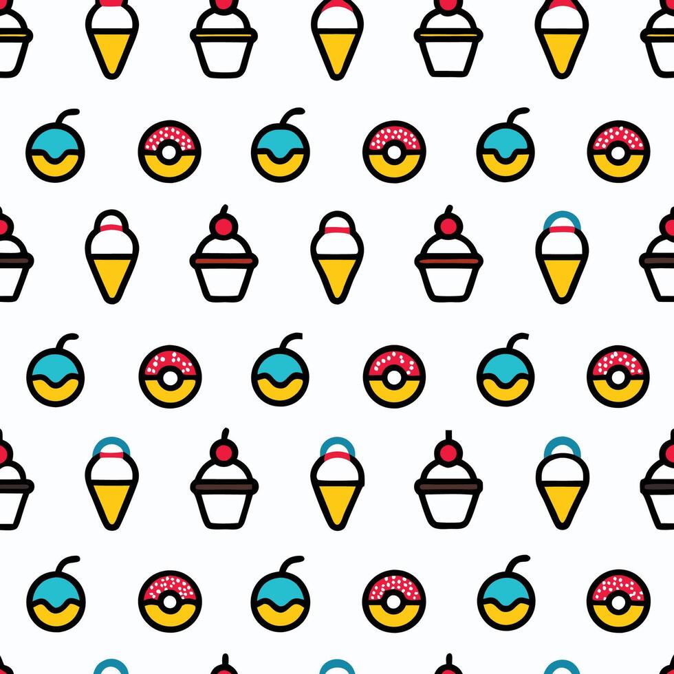 Seamless pattern of ice cream cones, cupcakes, and donuts. vector