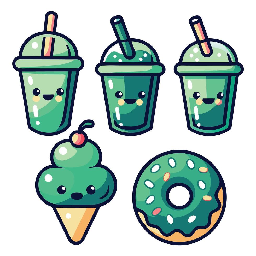 Cute Green Drinks and Treats vector