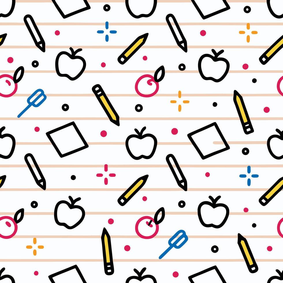 Seamless pattern with apples, pencils, and stationery on lined paper. vector