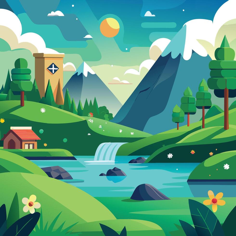 Idyllic landscape with a waterfall, house, and mountains under a sunny sky. vector