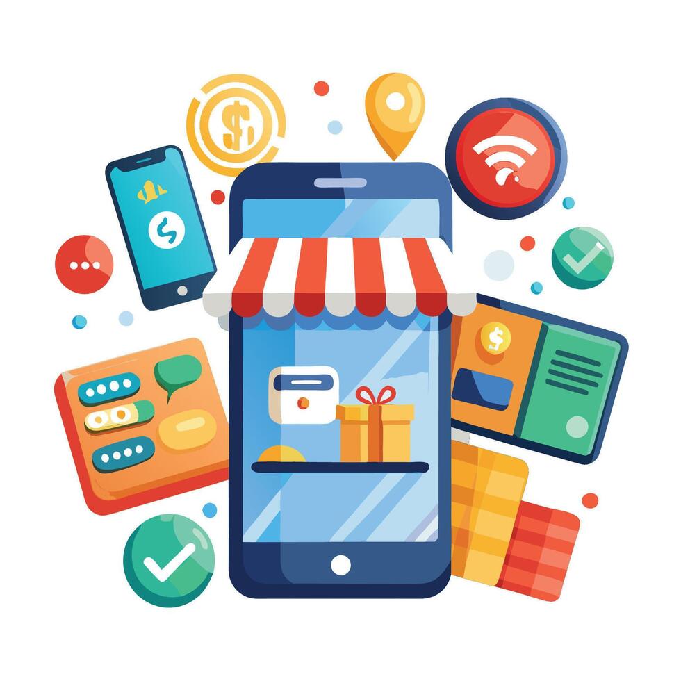 Mobile phone with online store and payment methods. vector