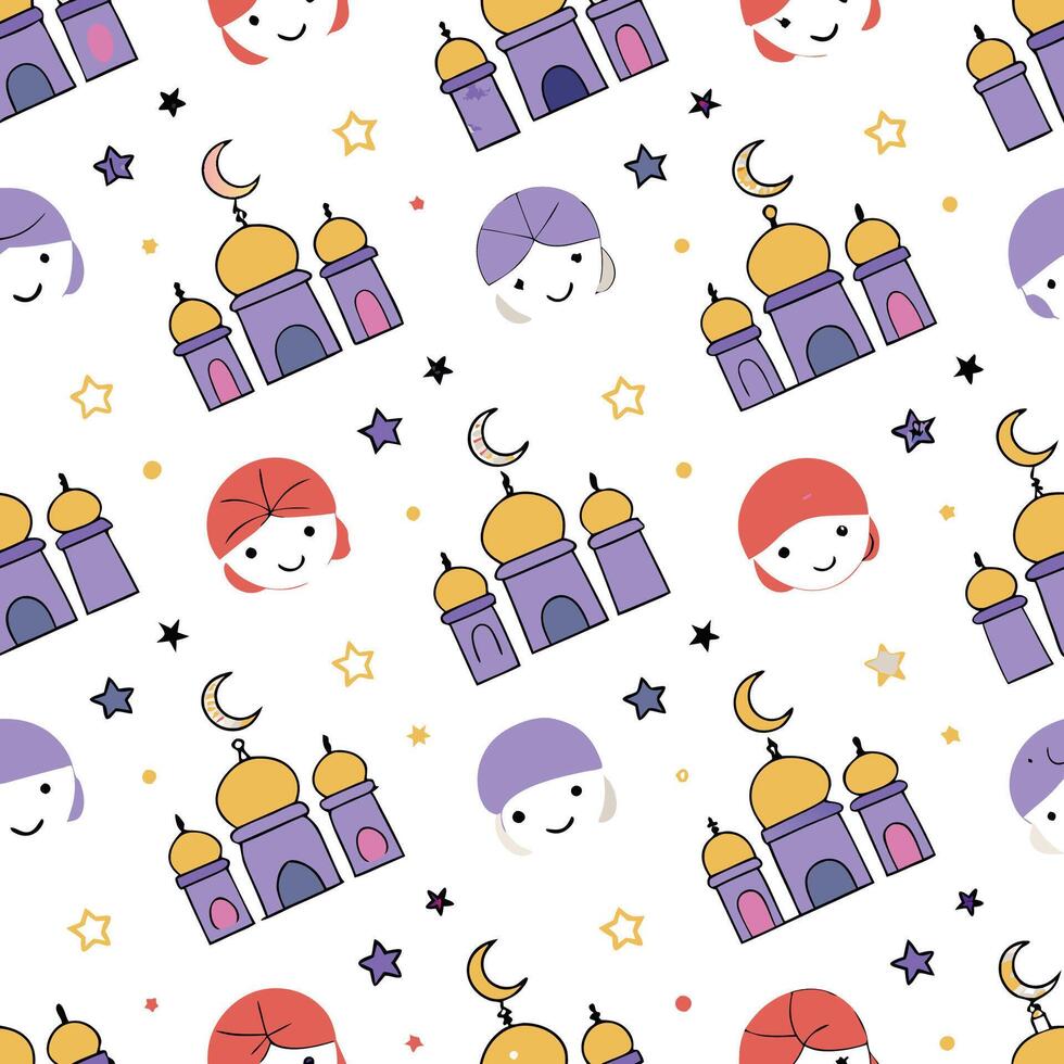 Seamless pattern of mosques, crescent moons, stars, and happy cartoon faces. vector