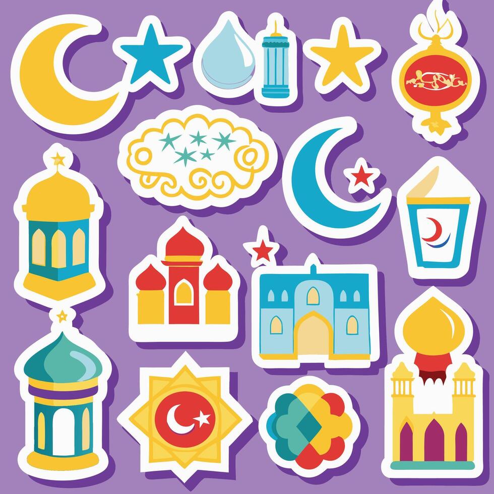 Islamic stickers collection with crescent moons, stars, lanterns, mosques, and water droplets. vector