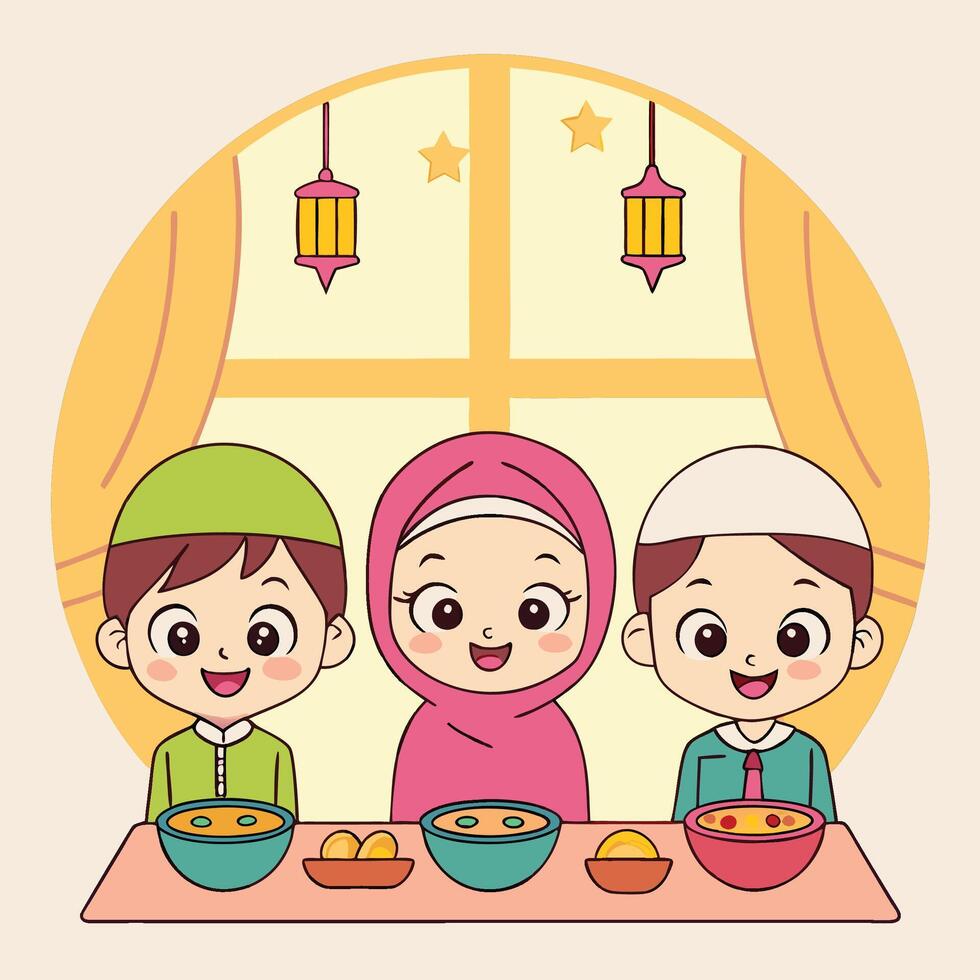 Happy Muslim Children Enjoying a Meal Together vector