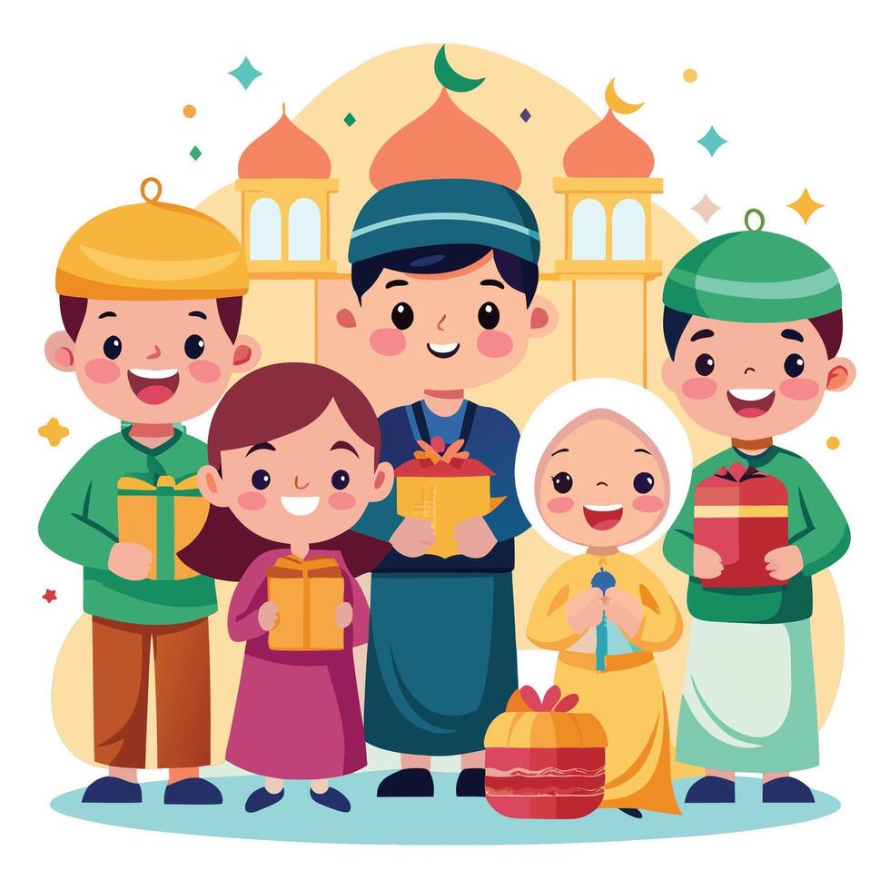 Happy Muslim children with gifts in front of a mosque. vector