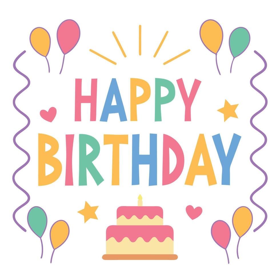 Happy Birthday colorful text with cake and balloons. vector