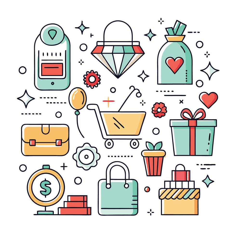 Online shopping concept with cart, gifts, bags, diamond, and money. vector