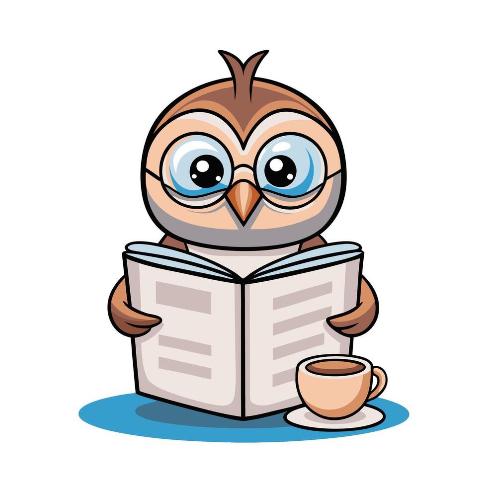 owl reading book with cup of coffee illustration vector