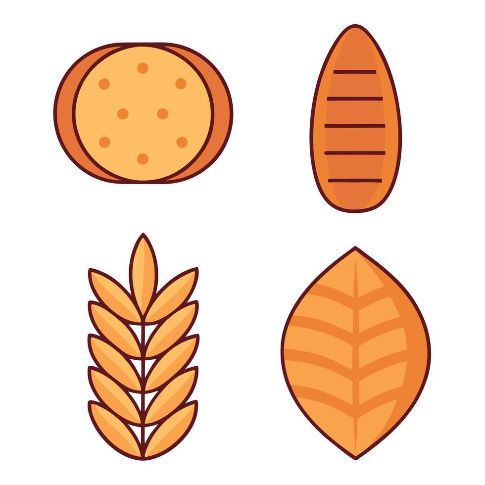 Flat icons of bread, wheat, and leaf. vector