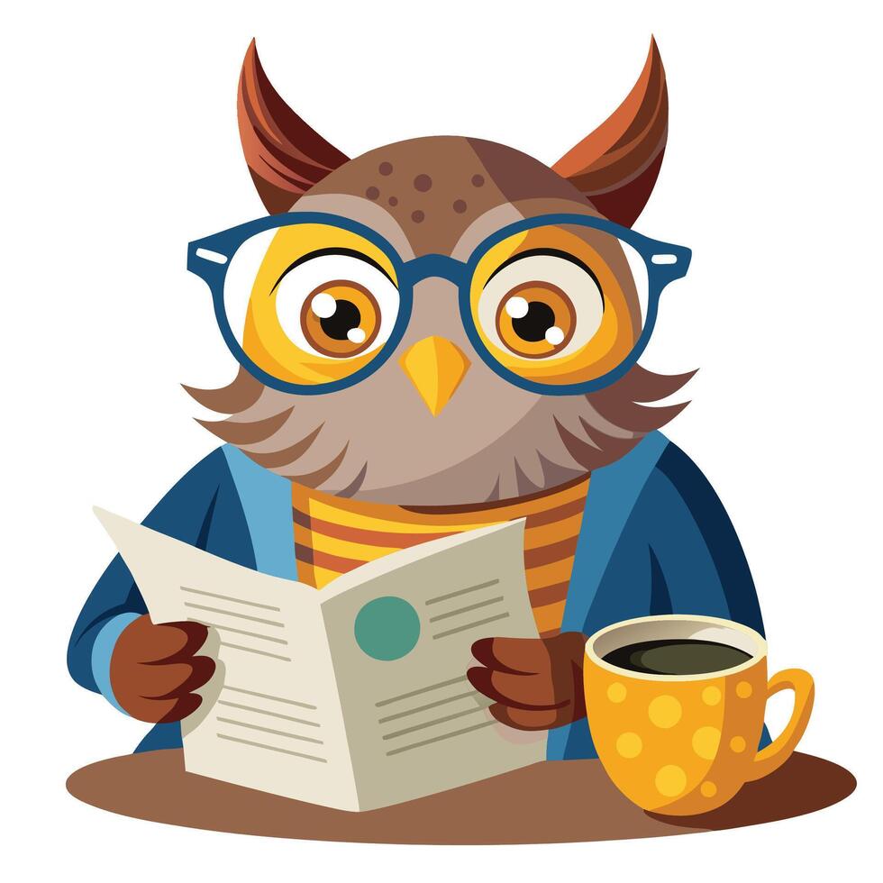Owl with Glasses Reading Newspaper and Coffee vector