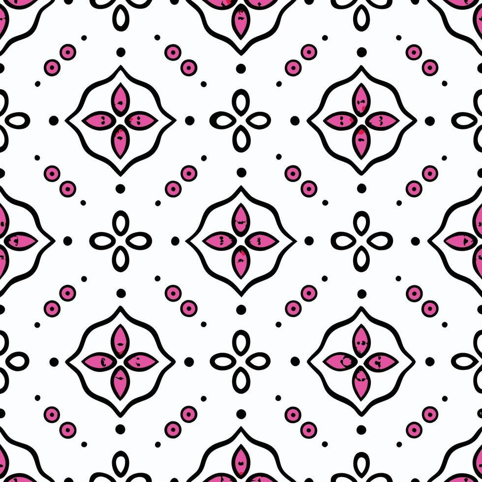 Elegant repeating pattern of stylized floral motifs in black and pink, dotted accents on a white background vector