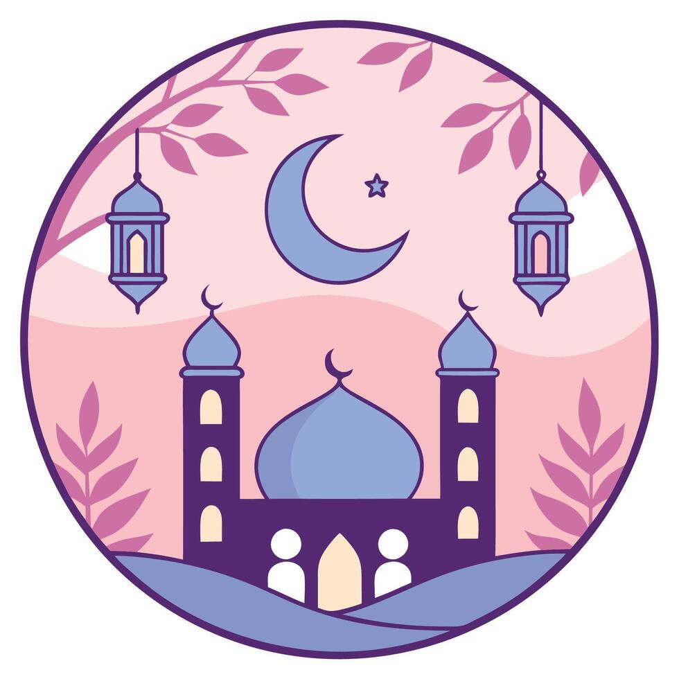 Mosque silhouette with crescent moon, stars, and lanterns in a circular frame. vector
