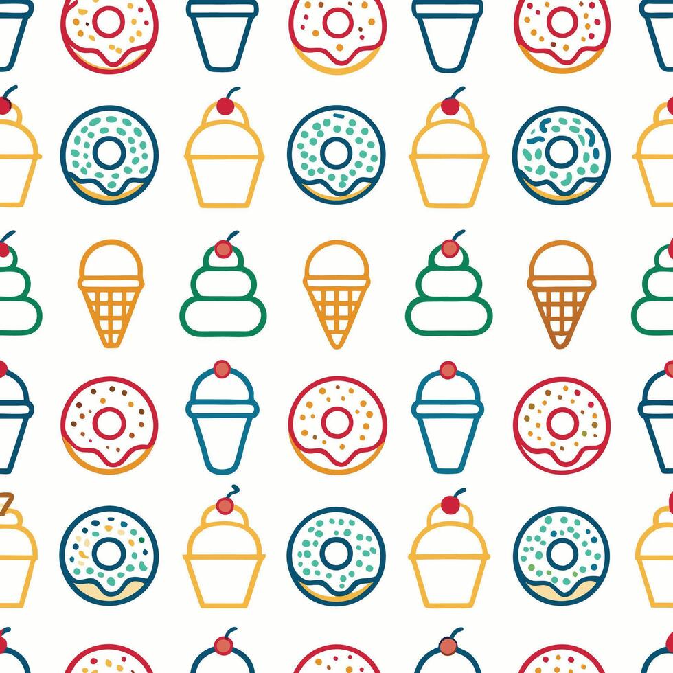 Seamless pattern of colorful donuts, cupcakes, and ice cream cones. vector