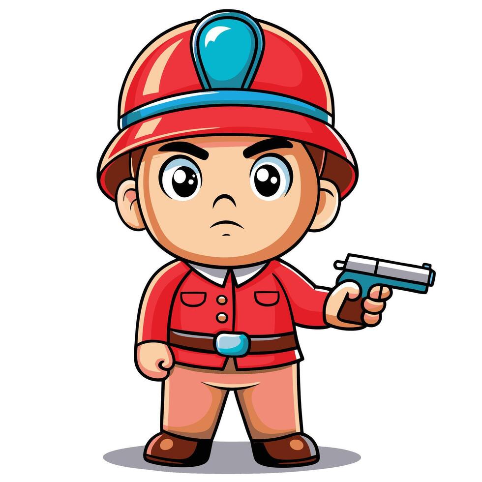 Cartoon character, a small figure in red uniform holding a gun vector