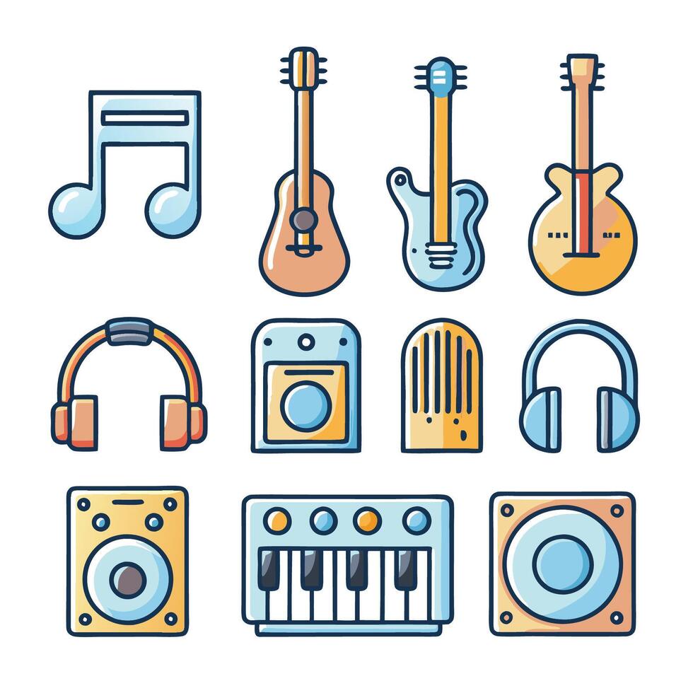 Collection of musical instruments and audio equipment vector