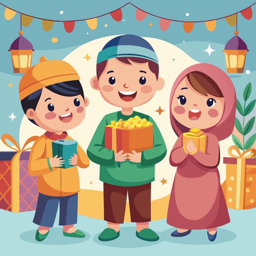 Three happy children exchanging gifts during a festive celebration. vector