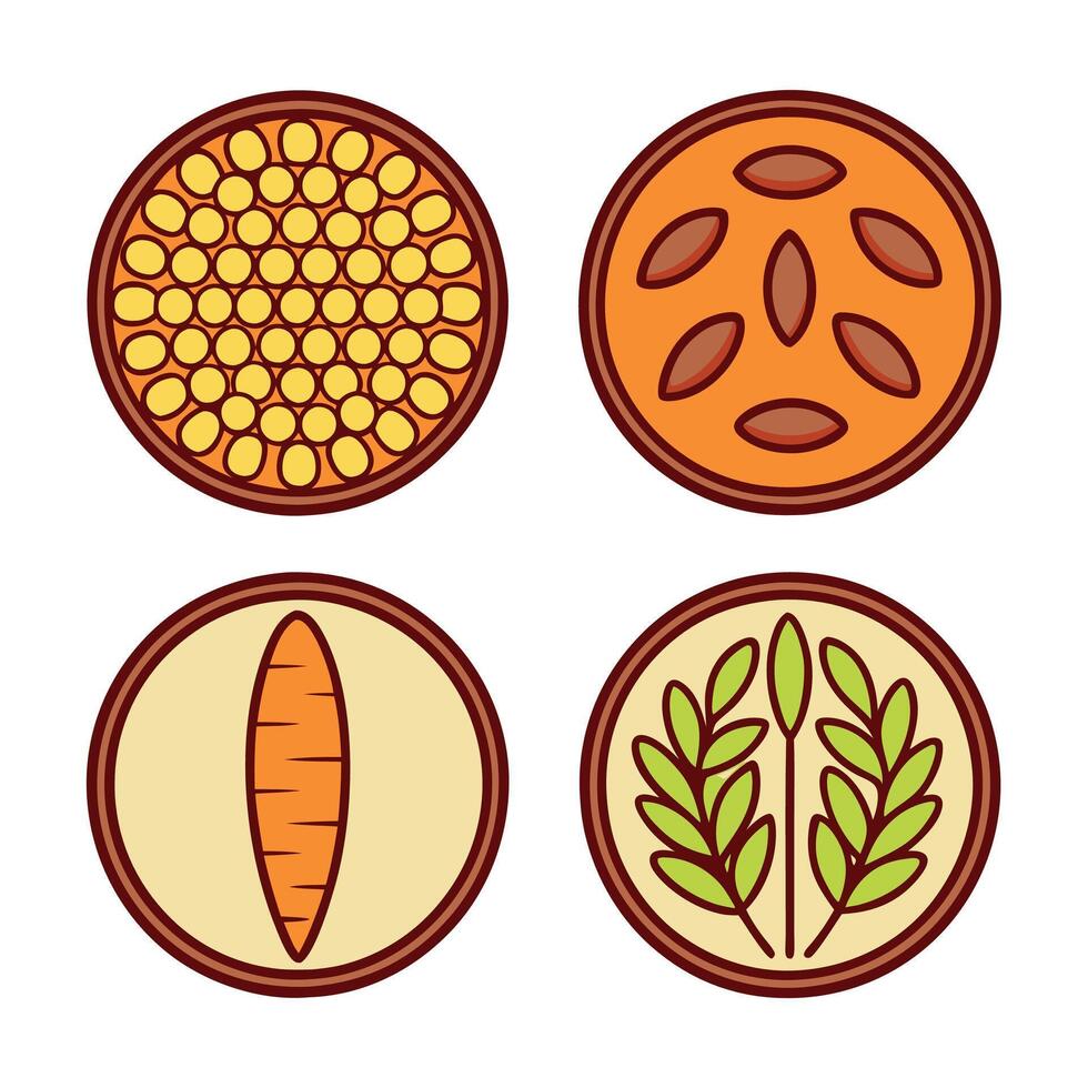 Four round icons depicting corn, beans, carrot, and herbs. vector