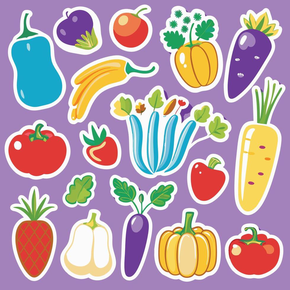 a collection of vegetables and fruits on purple background vector