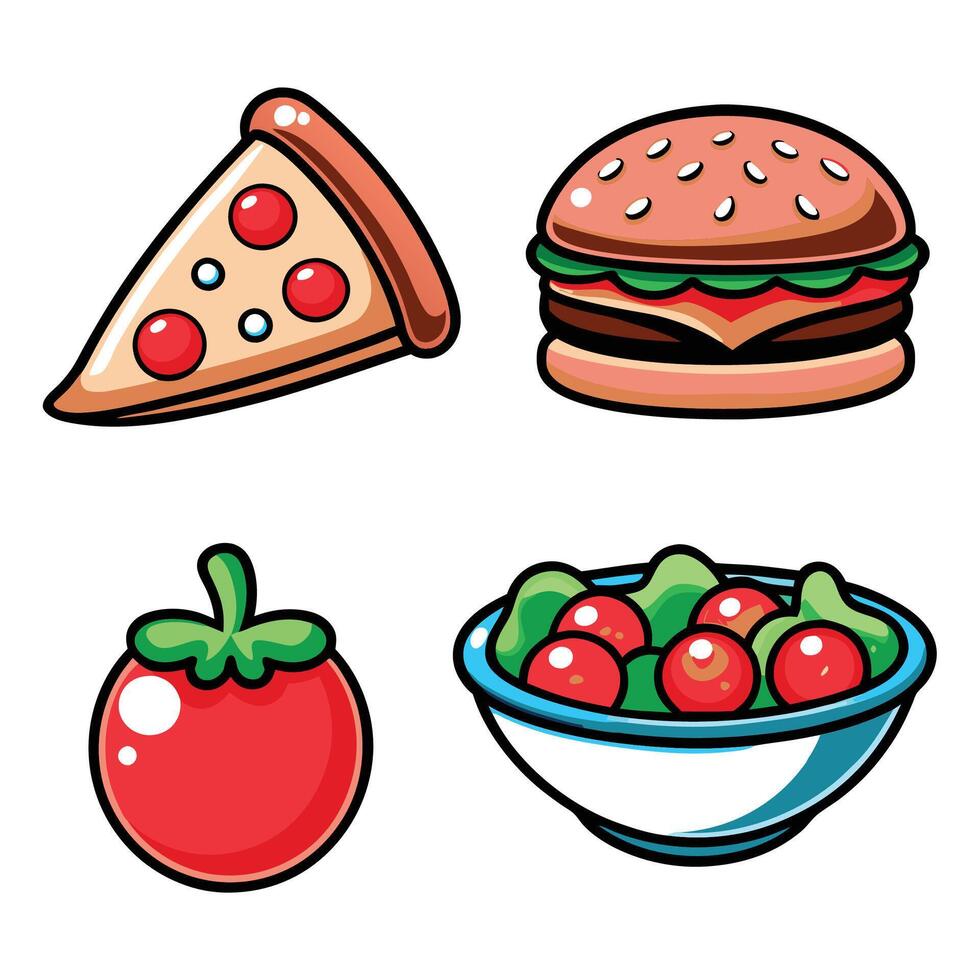 a set of food icons including pizza, salad and hamburger vector