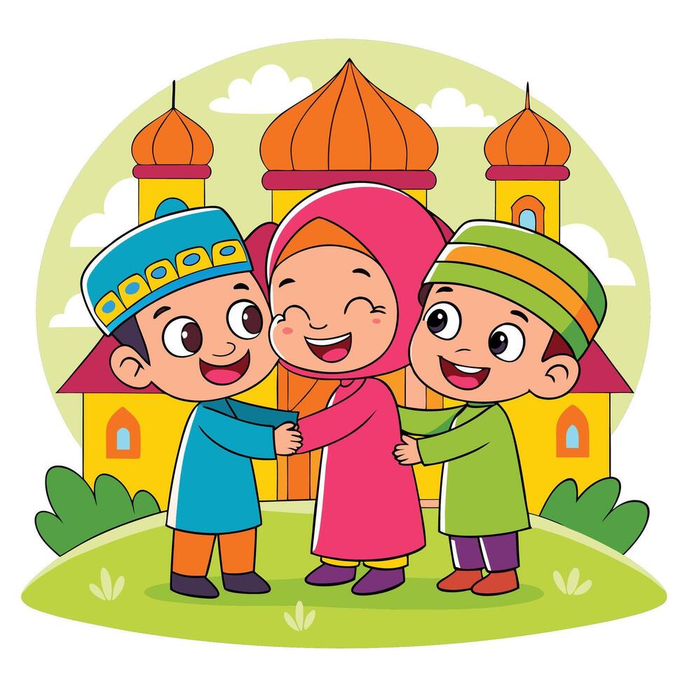 Children Embracing in Front of a Mosque vector