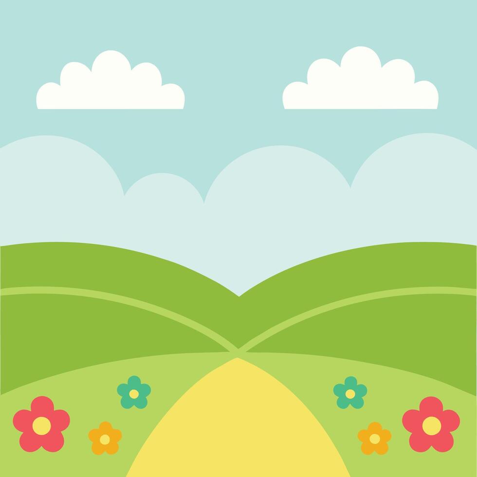Idyllic landscape with a yellow path winding through green hills, under a light blue sky dotted with fluffy white clouds and colorful flowers. vector