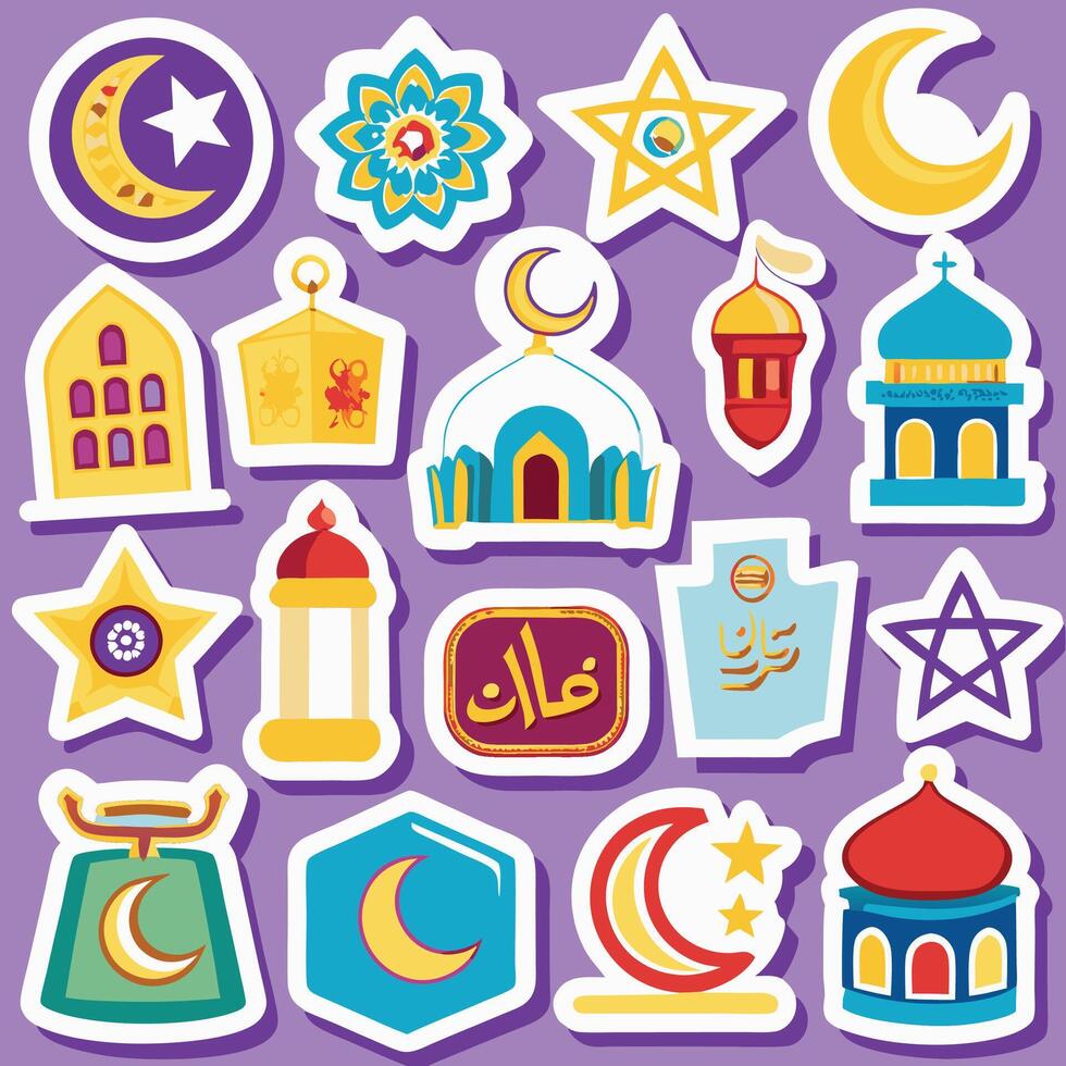 islamic stickers set with mosque, crescent, star and moon vector