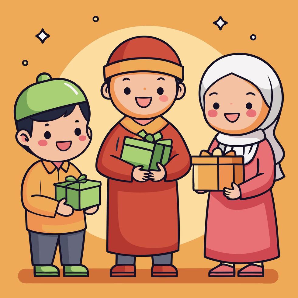 muslim family with gift box illustration vector