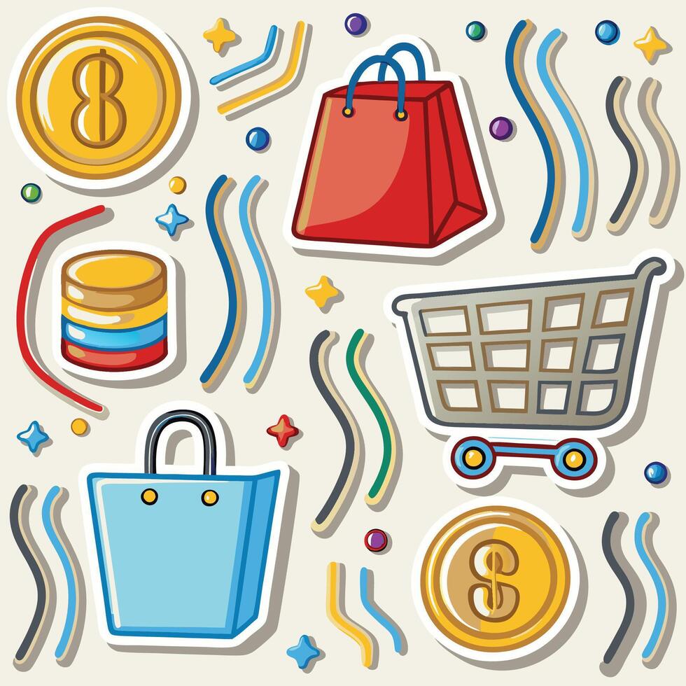 shopping cart, coins, and other items on a white background vector
